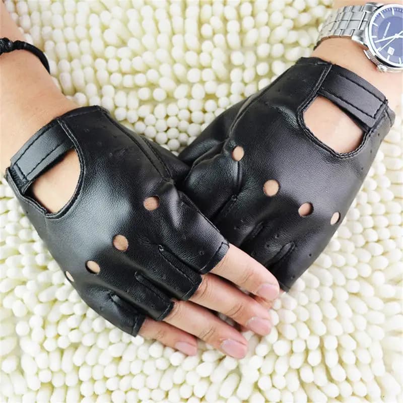 Gants doigts coupés pêche conduite synthétique unisexe noir fashion homme femme