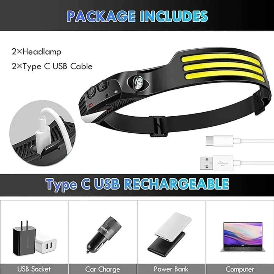 Lampe frontale COB LED induction rechargeable USB étanche pour pêche nocturne et vélo