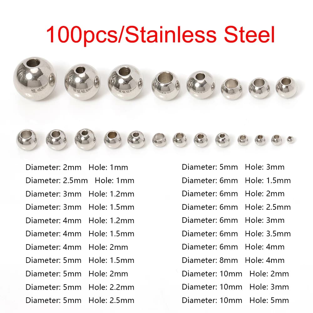 Perles inox 100 pièces 3-10mm pour création bijoux pêche - Composants bracelets DIY perles à trou