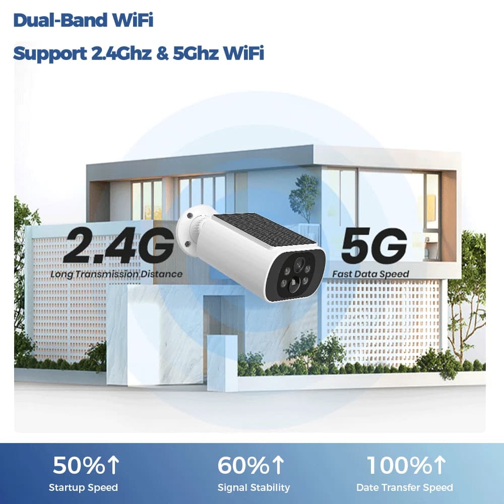 Caméra de sécurité solaire WiFi extérieur Alevio 2.5K, vision nocturne couleur, détection PIR et AI pour surveillance étang