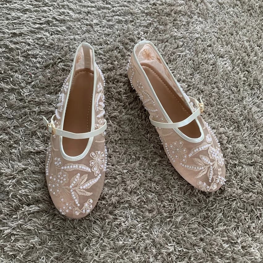 Ballerines femme avec broderie perles - Design mesh, boucle Mary Jane, talon bas, sandales plates confortables
