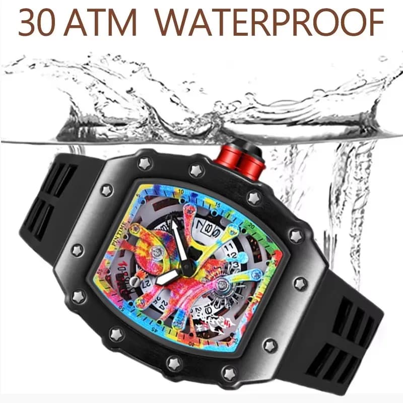 Montre homme luxe quartz étanche PINTIME cadran graffiti tonneau pour sport et pêche plaisance