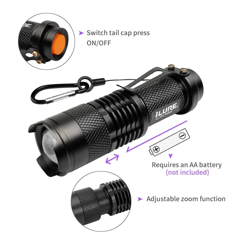 Lampe UV torche LED 395nm pour pêche leurres et calamars - éclairage zoomable et portable