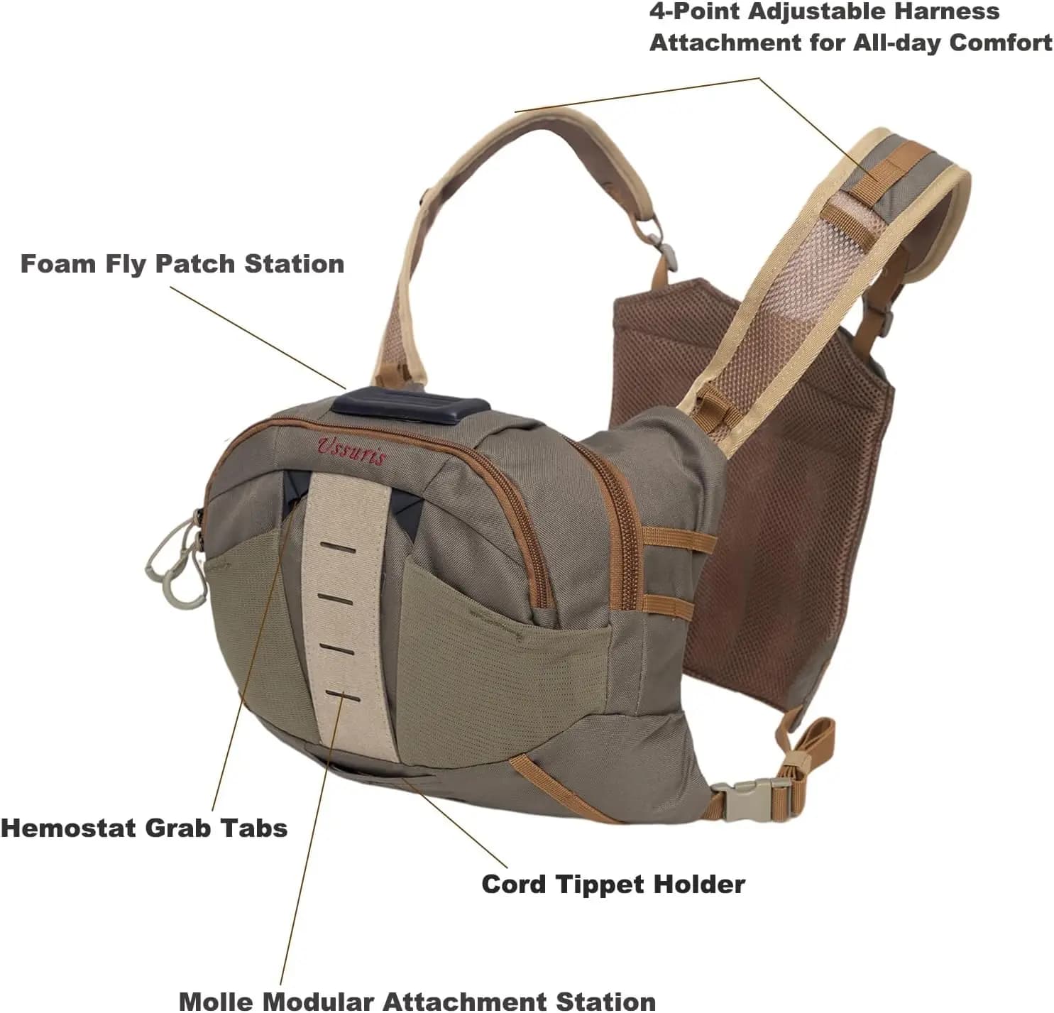Sac poitrine léger pour pêche à la mouche avec poches organisatrices et harnais réglable