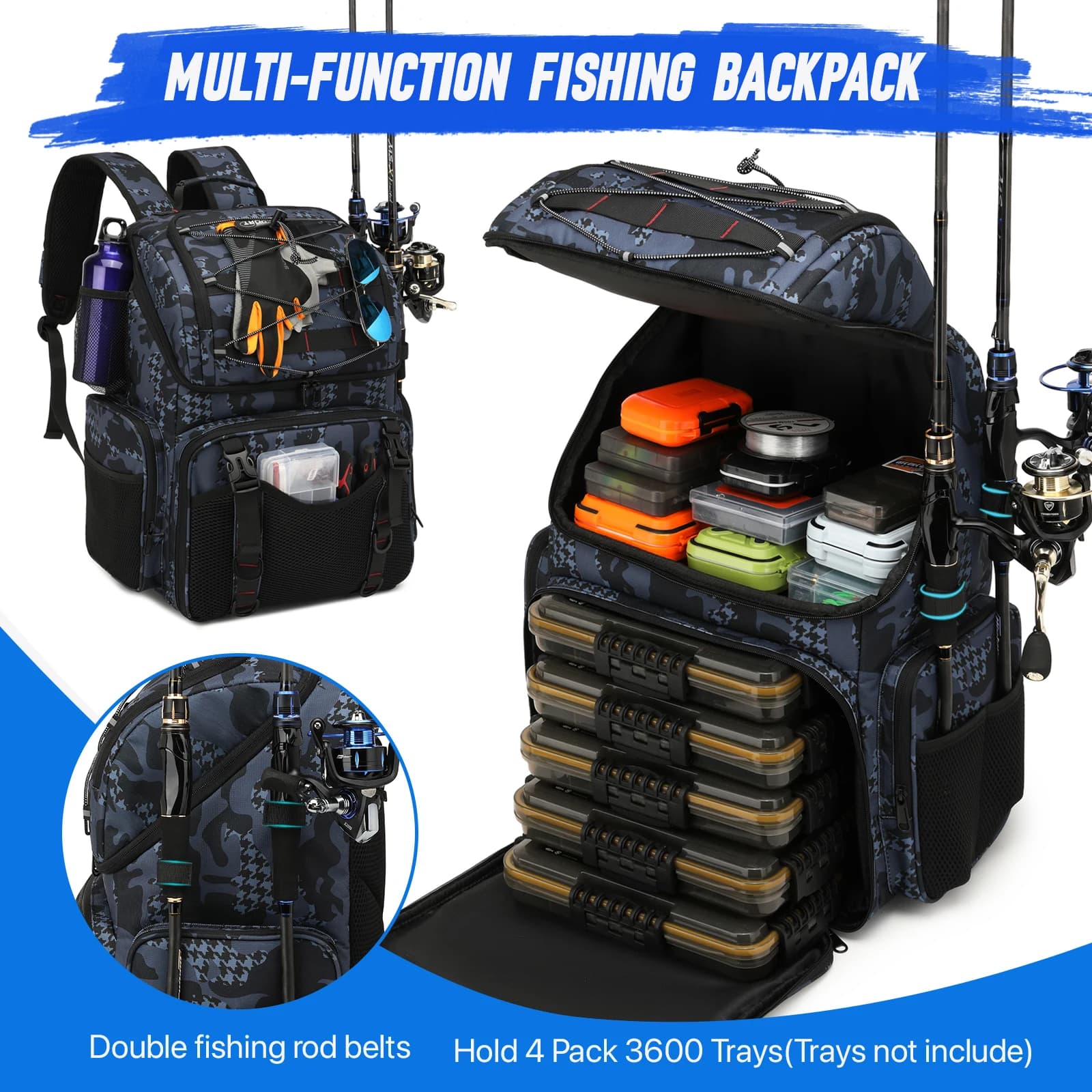 Sac à dos pêche 45L avec glacière, porte-cannes et housse pluie - Multifonction randonnée camping