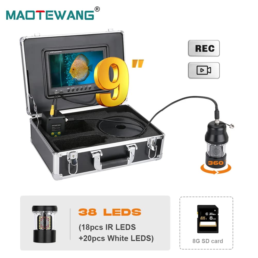 Caméra pêche sous-marine 9 pouces DVR IP68 38 LEDs rotative 360° pour finder 20m à 100m