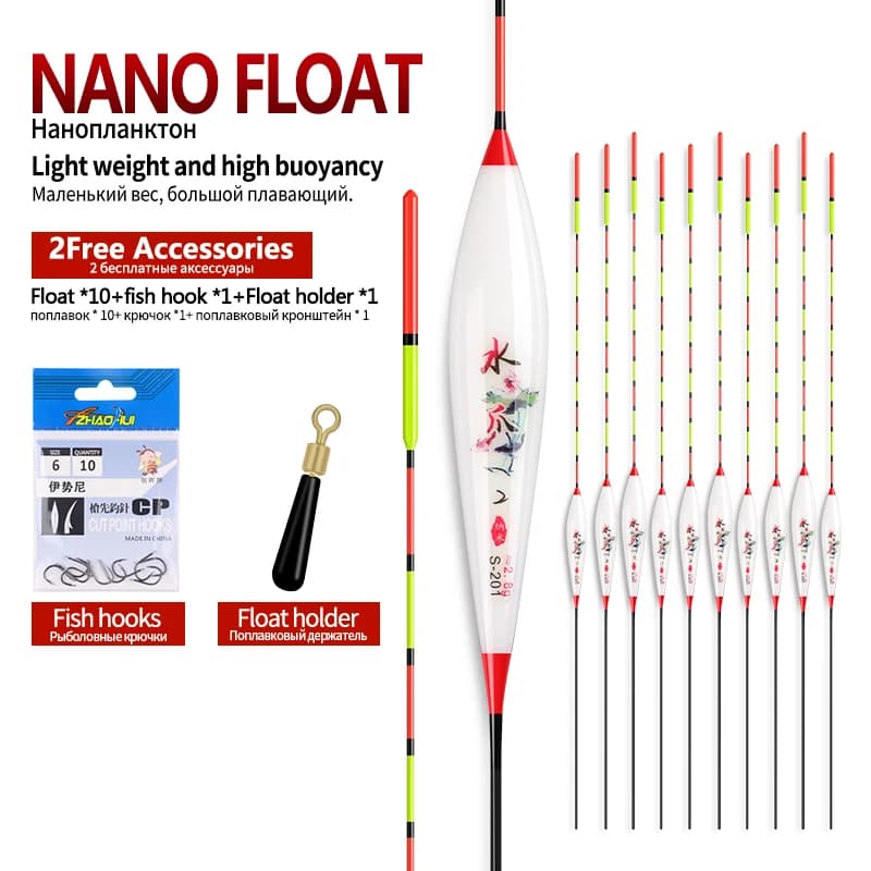 10 flotteurs de pêche verticale eau peu profonde avec hameçons et repose-canne accessoires nano composites