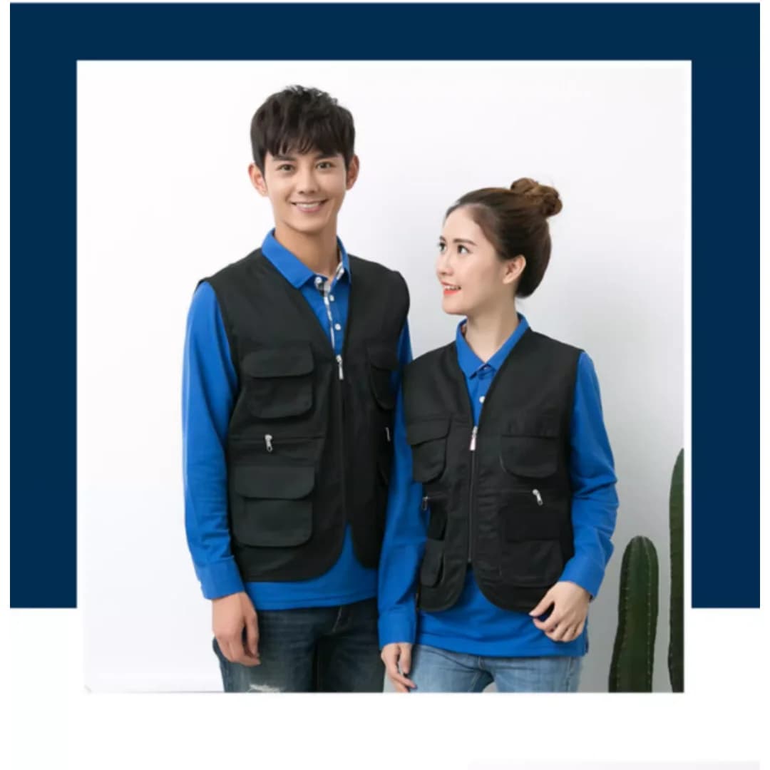 Gilet été 2026 travail loisirs multi-poches - Veste unisext personnalisable haute gamme pêche - Logo imprimé texte