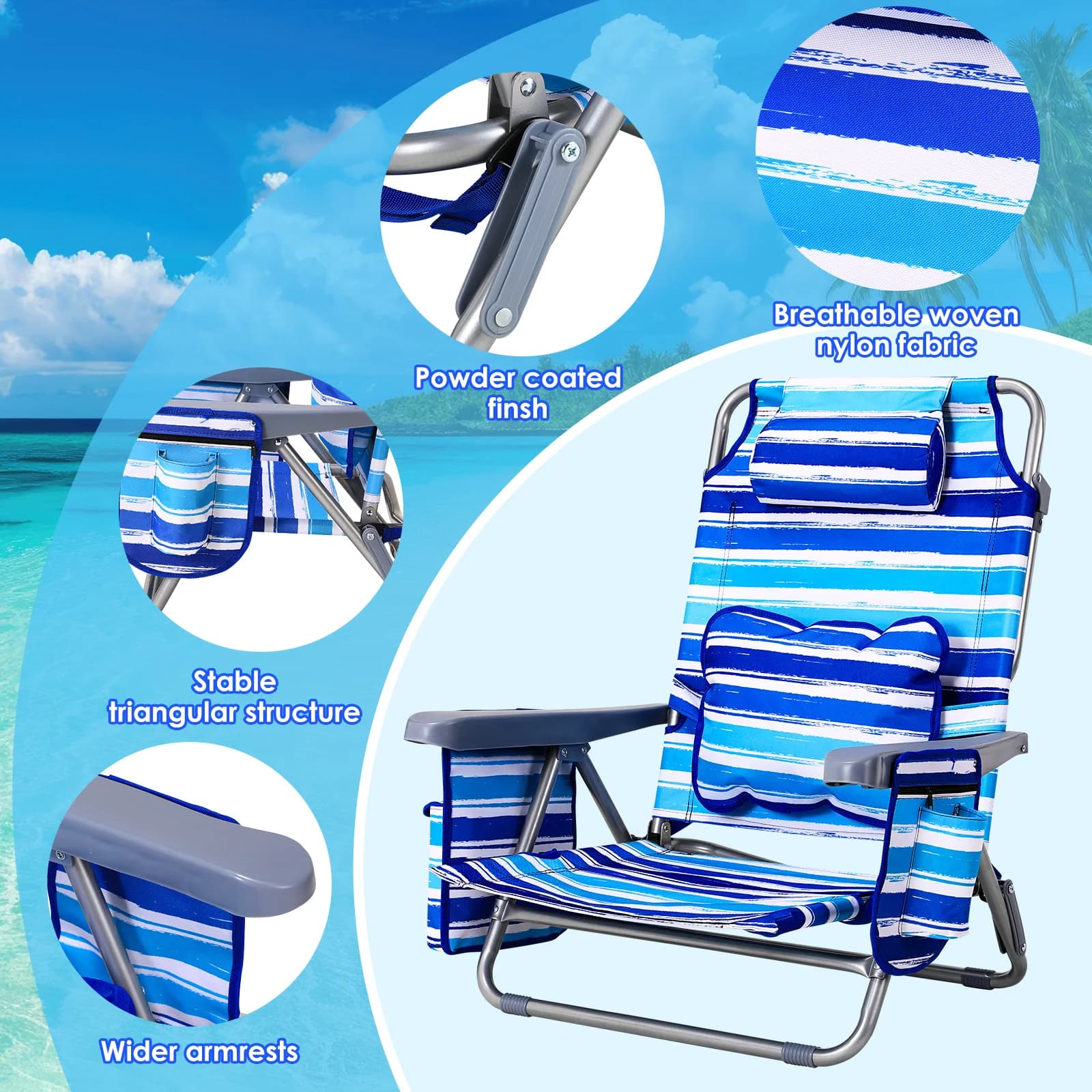 Fauteuil plage pliant 5 positions aluminium léger pêche sable bas porte-gobelet