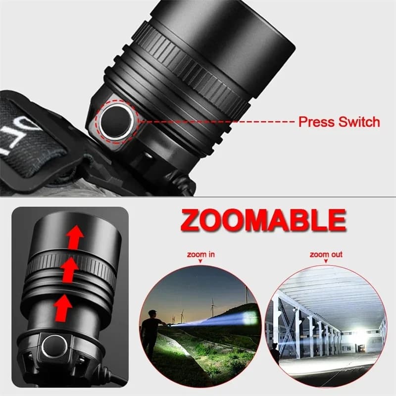 Lampe frontale pêche LED aluminium alliage super lumineuse rechargeable pour camping chasse pêche