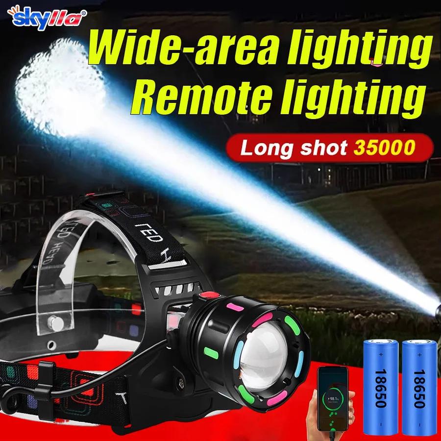 Lampe frontale laser blanche étanche USB rechargeable zoomable pour pêche en rivière et camping