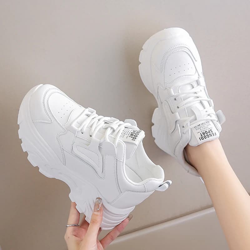 Sneakers femme plateforme blanc printemps 2024 semelle épaisse cuir PU respirant pour pêche sport
