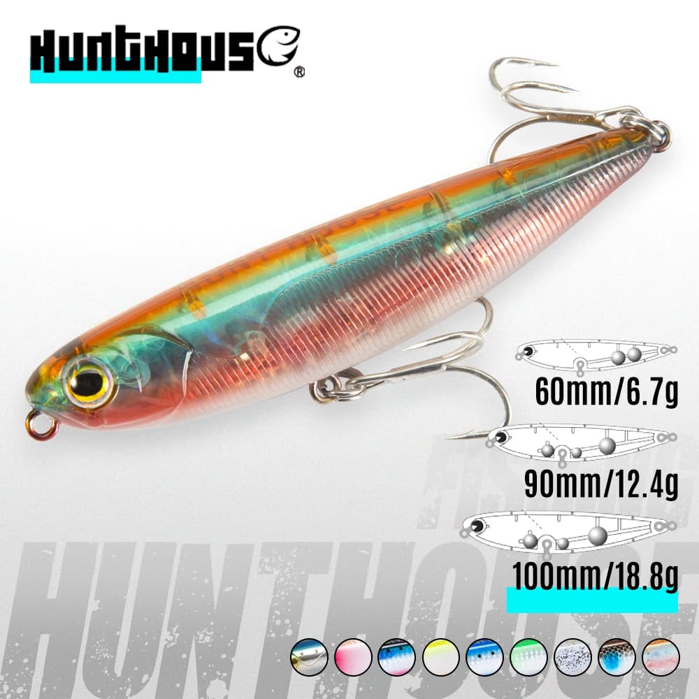 Leurre Pêche Topwater Hunthouse : Pencil Flottant 60 90 100mm pour Bar et Brochet en Surface