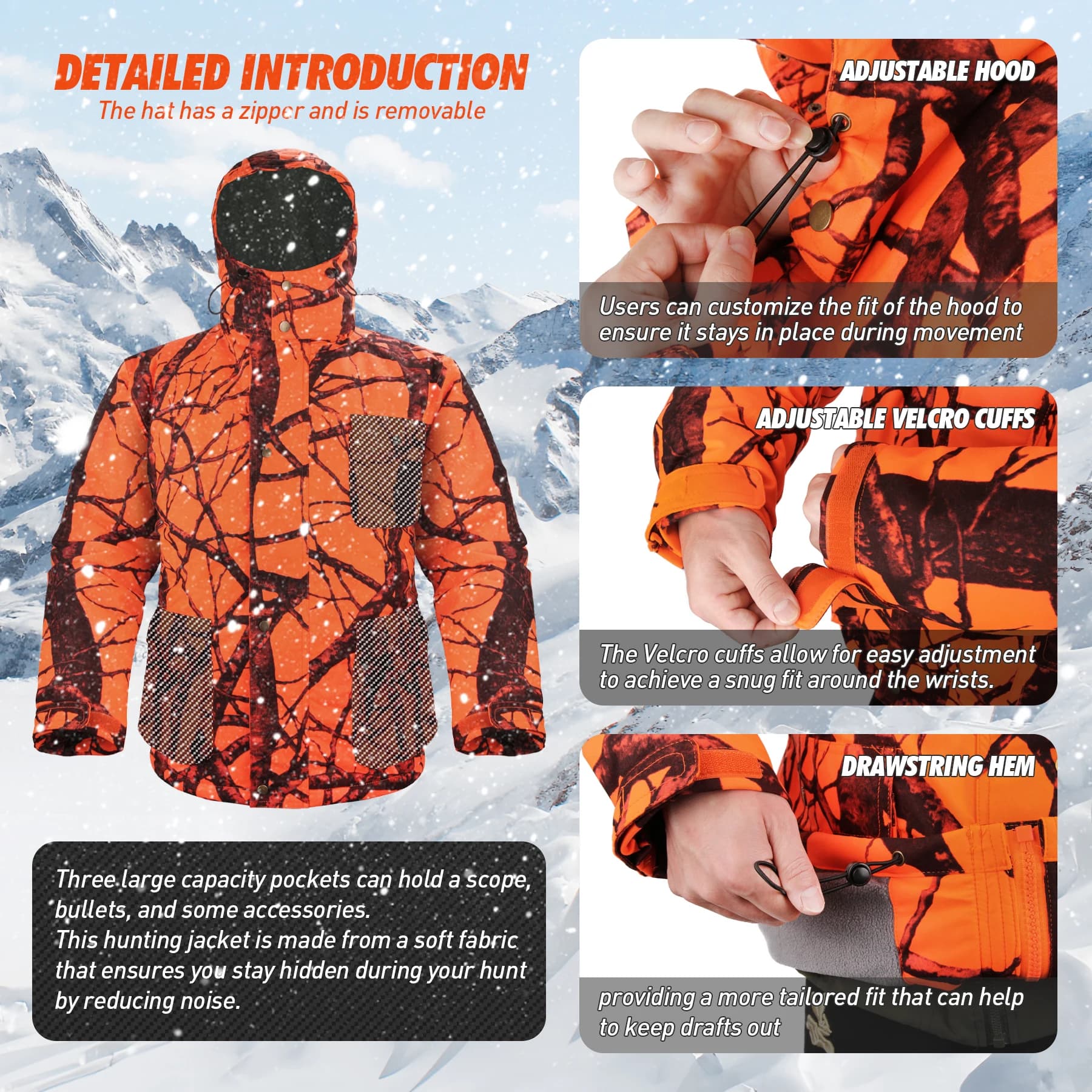 Veste de chasse tactique orange camouflage - Vêtement chasse imperméable isolant coupe-vent avec capuche