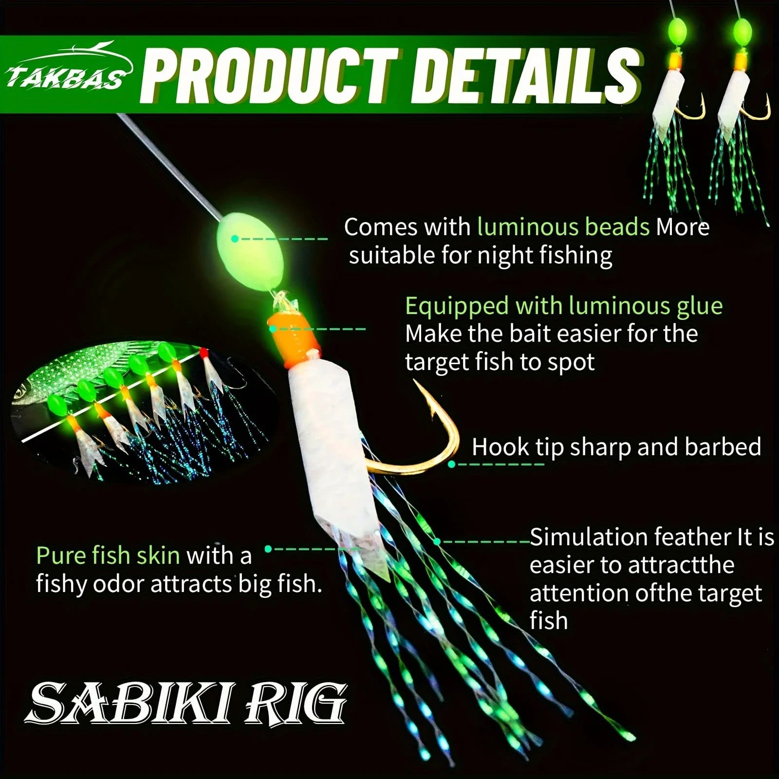 10 montages Sabiki avec hameçons à plumes peau de poisson pour pêche en mer du maquereau et bars