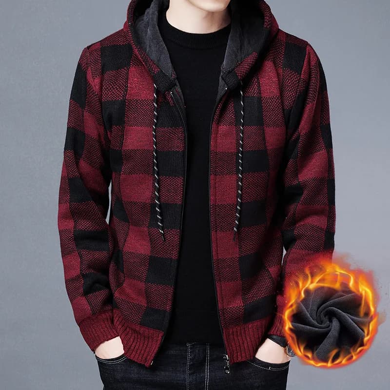 Cardigan à capuche homme tricoté luxe damier pour pêche hiver veste chaude extérieure qualité