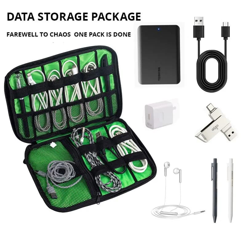 Organisateur étanche pour câbles USB et chargeurs - Sac de rangement électronique portable noir vert
