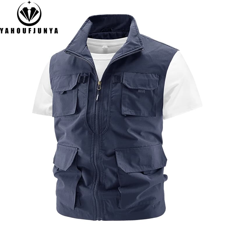 Veste de pêche sans manches homme été multi-poches respirante col montant zippée extérieur