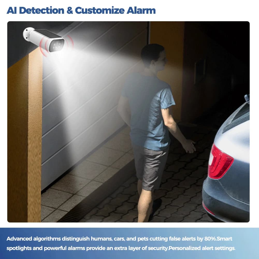 Caméra de sécurité solaire WiFi extérieur Alevio 2.5K, vision nocturne couleur, détection PIR et AI pour surveillance étang