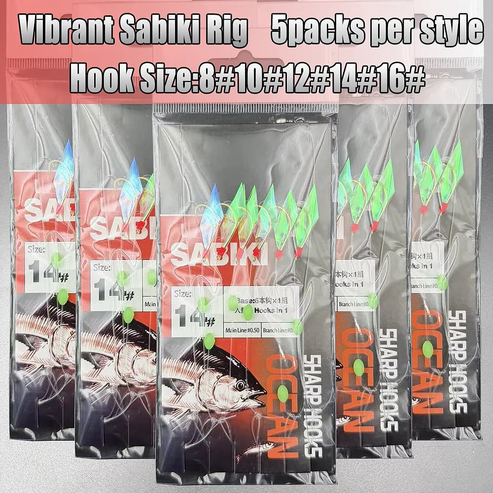 5 Pack Vibrant Sabiki Rig - Appâts lumineux colorés pour pêche au maquereau efficace en mer