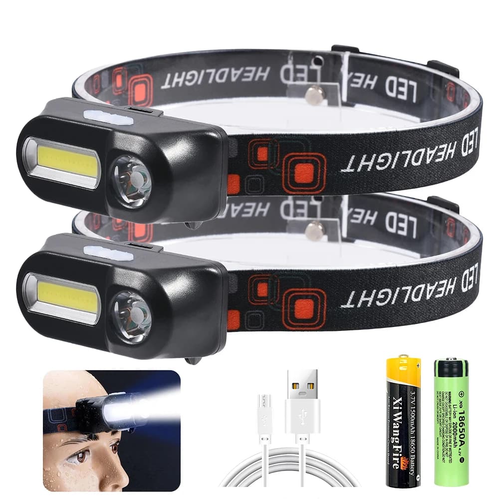 Super lumineuse mini lampe frontale USB rechargeable 18650 double source pêche chasse