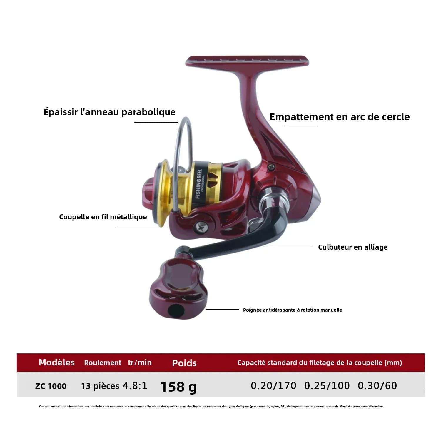 Moulinet ultraléger Huidiao 149g série 1000 4.8:1 pour pêche fine et glace, spool métal