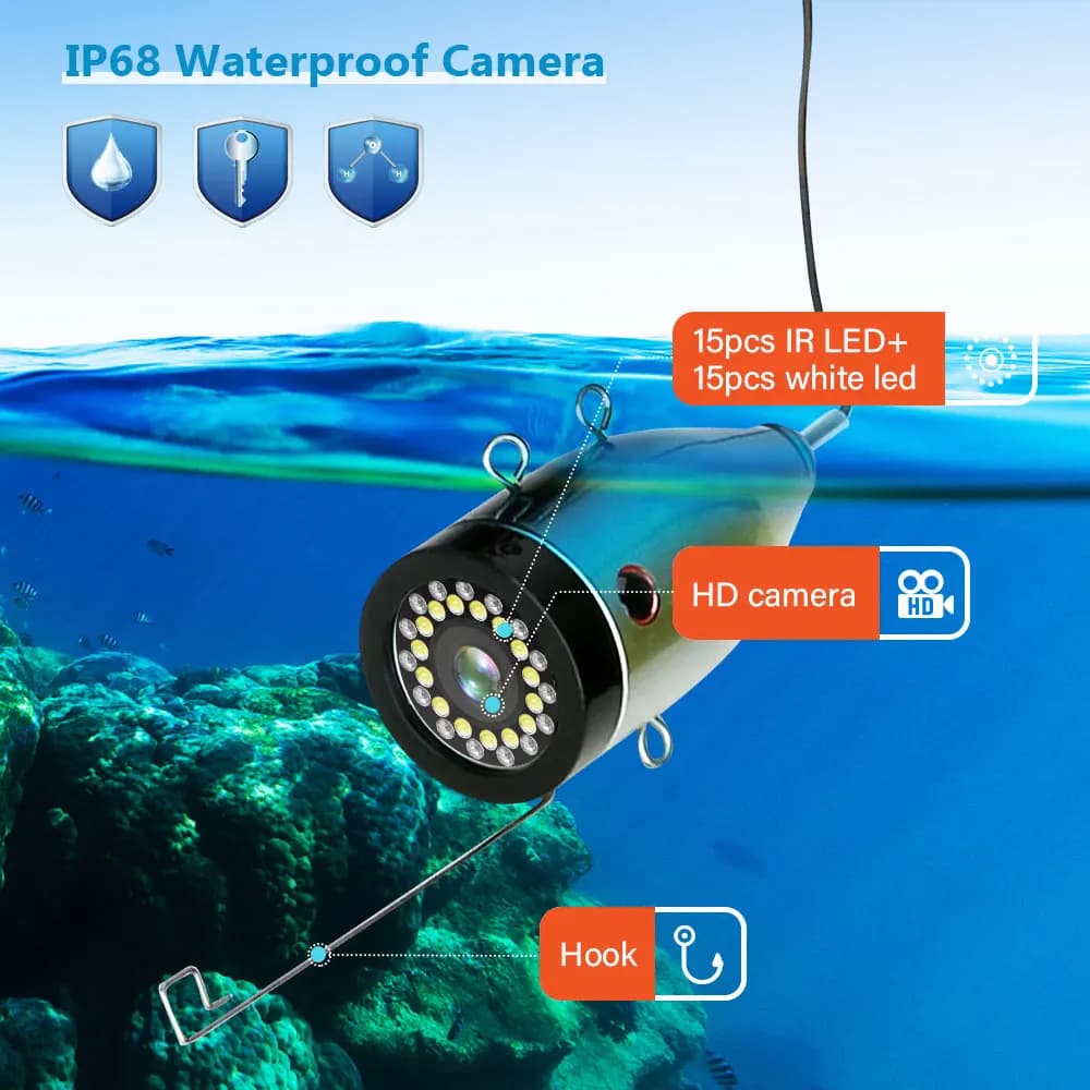 Caméra de pêche sous-marine 1080P 15M/30M avec double lampe pour pêche sur glace et en mer