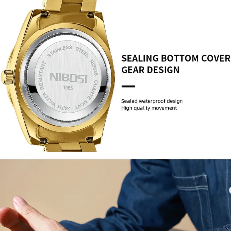 Montre homme luxe NIBOSI acier inoxydable étanche quartz rouge doré cadran numérique date semaine