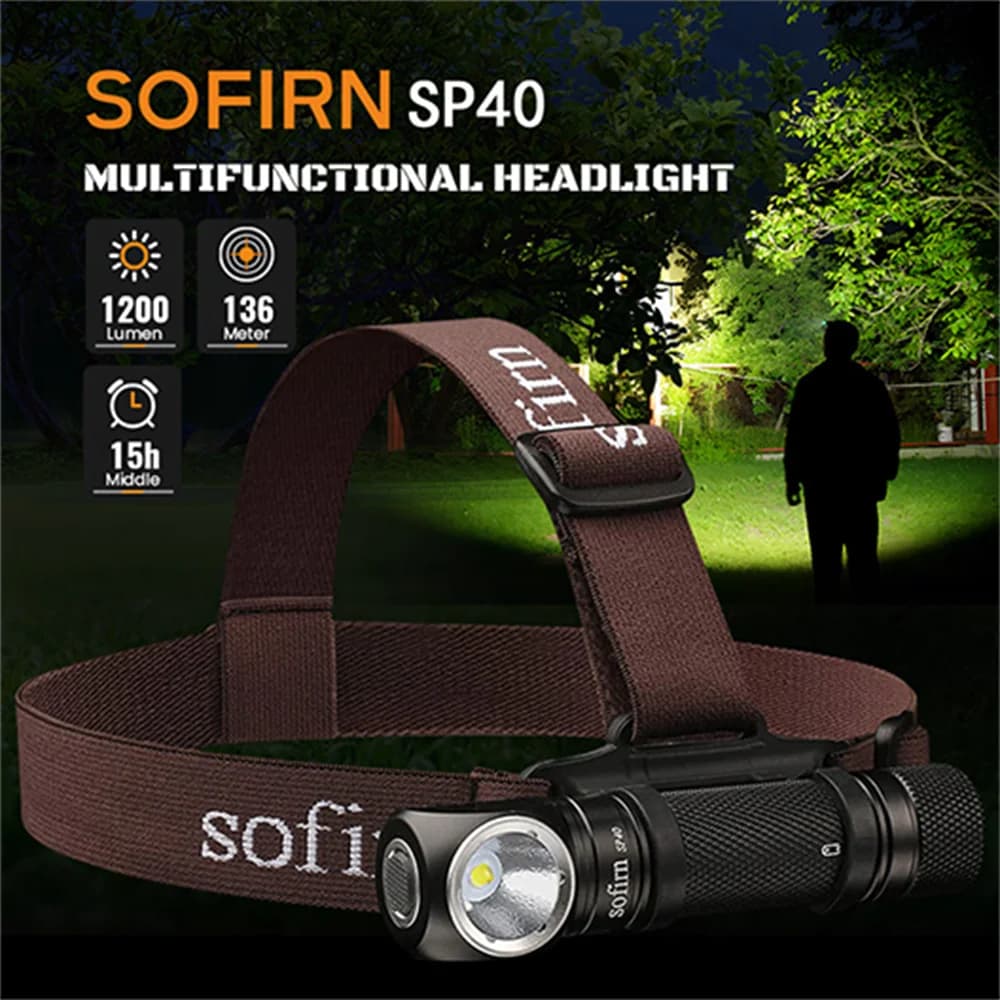 Lampe frontale pêche Sofirn SP40 XPL LED 1200lm rechargeable 18650 avec aimant pour pêche nocturne