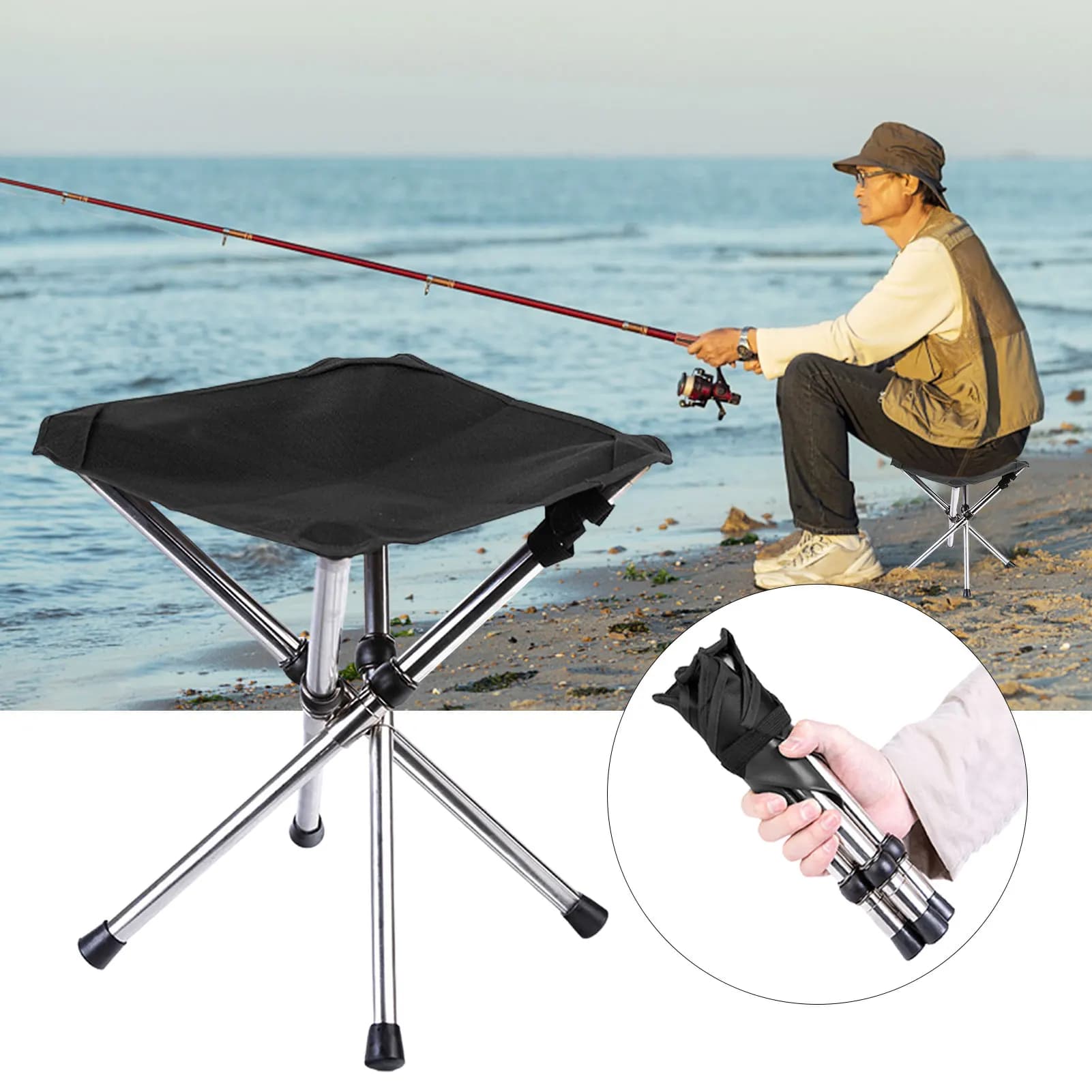 Tabouret tripode pliant camping portable - Siège pêche plage petit format pour équipement compact