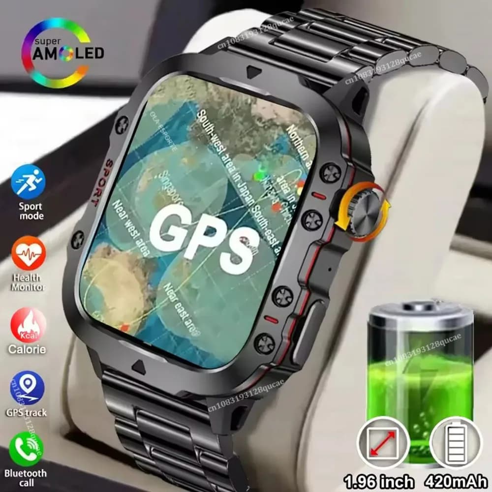 Smartwatch militaire GPS 2025 - Appels Bluetooth, monitoring santé, IA vocale, étanche pour Android