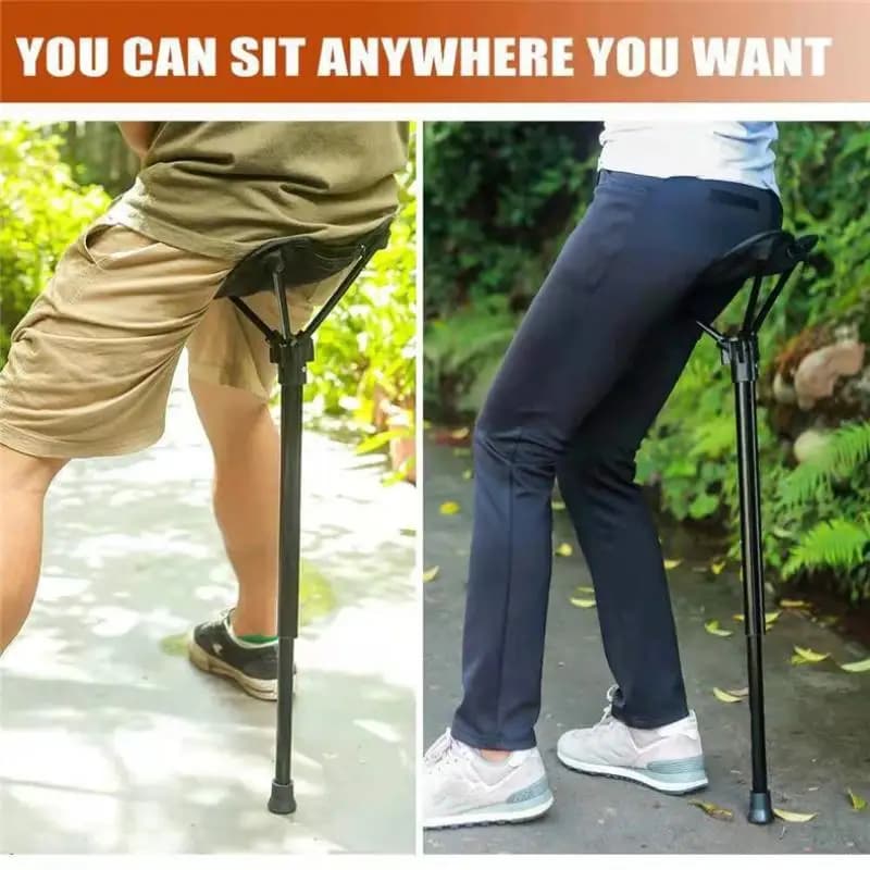 Chaise pliante dépliante avec canne - Siège randonnée pêche ajustable aide à la marche