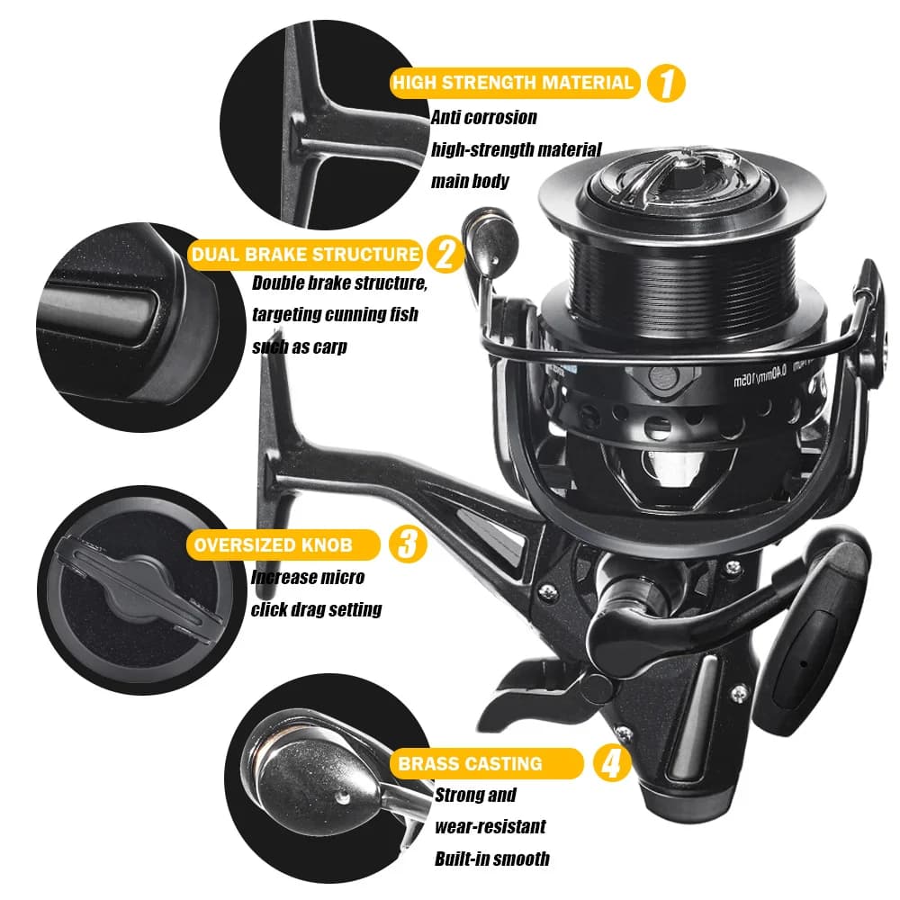 Moulinet de pêche à la carpe spinning double frein robuste 12-15kg pour accessoires mer et rivière