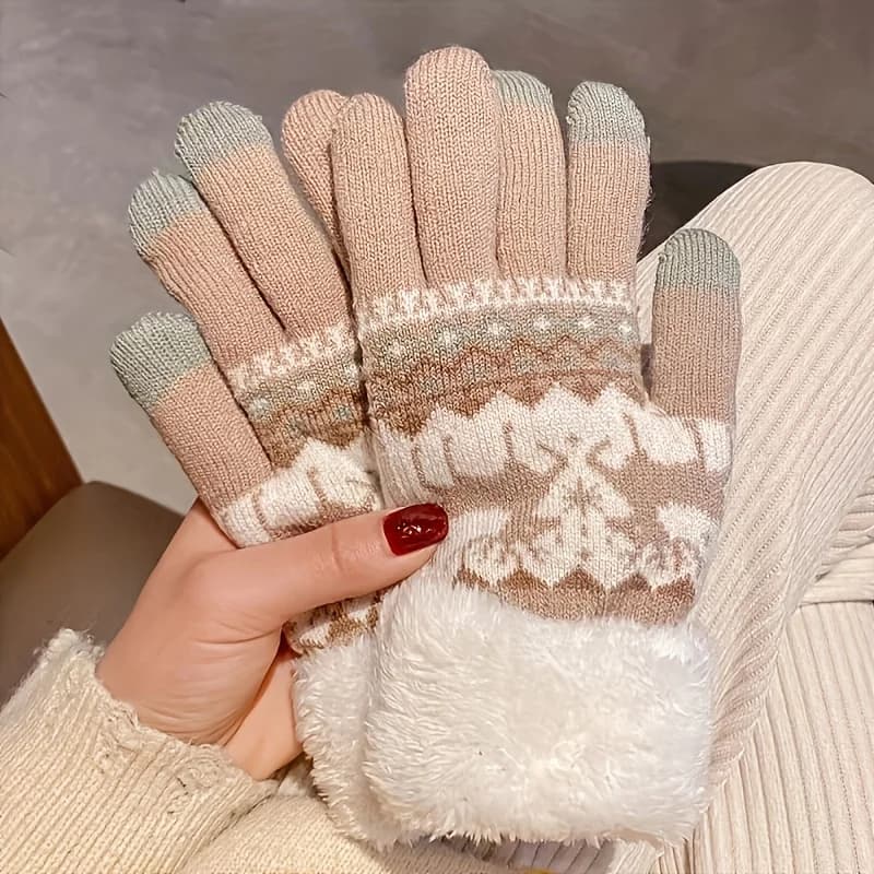 Gants de pêche en laine jacquard renne Noël, doublure polaire épaisse pour hiver froid et écran tactile