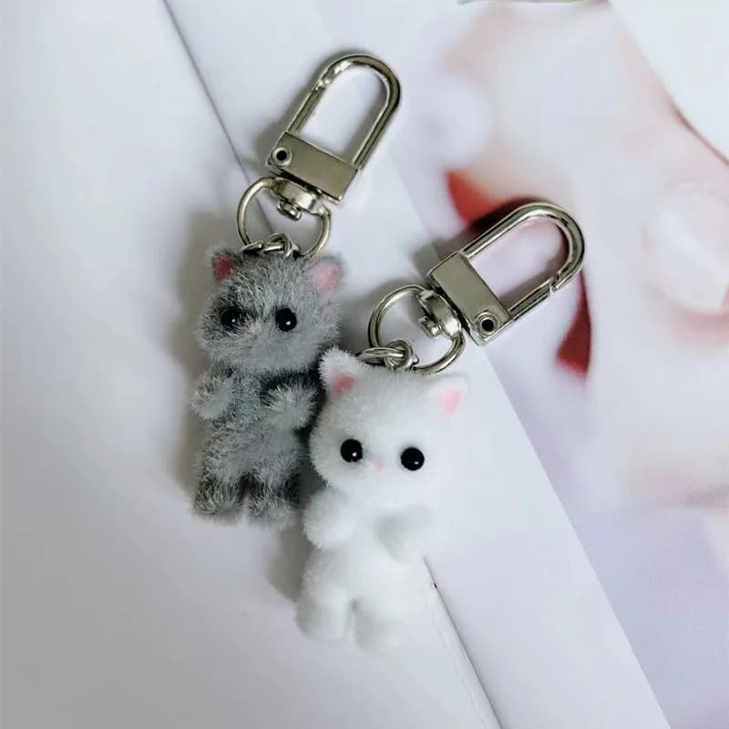 Porte-clés chat mignon flocking 3D - Charme téléphone et sac décoratif cadeau original