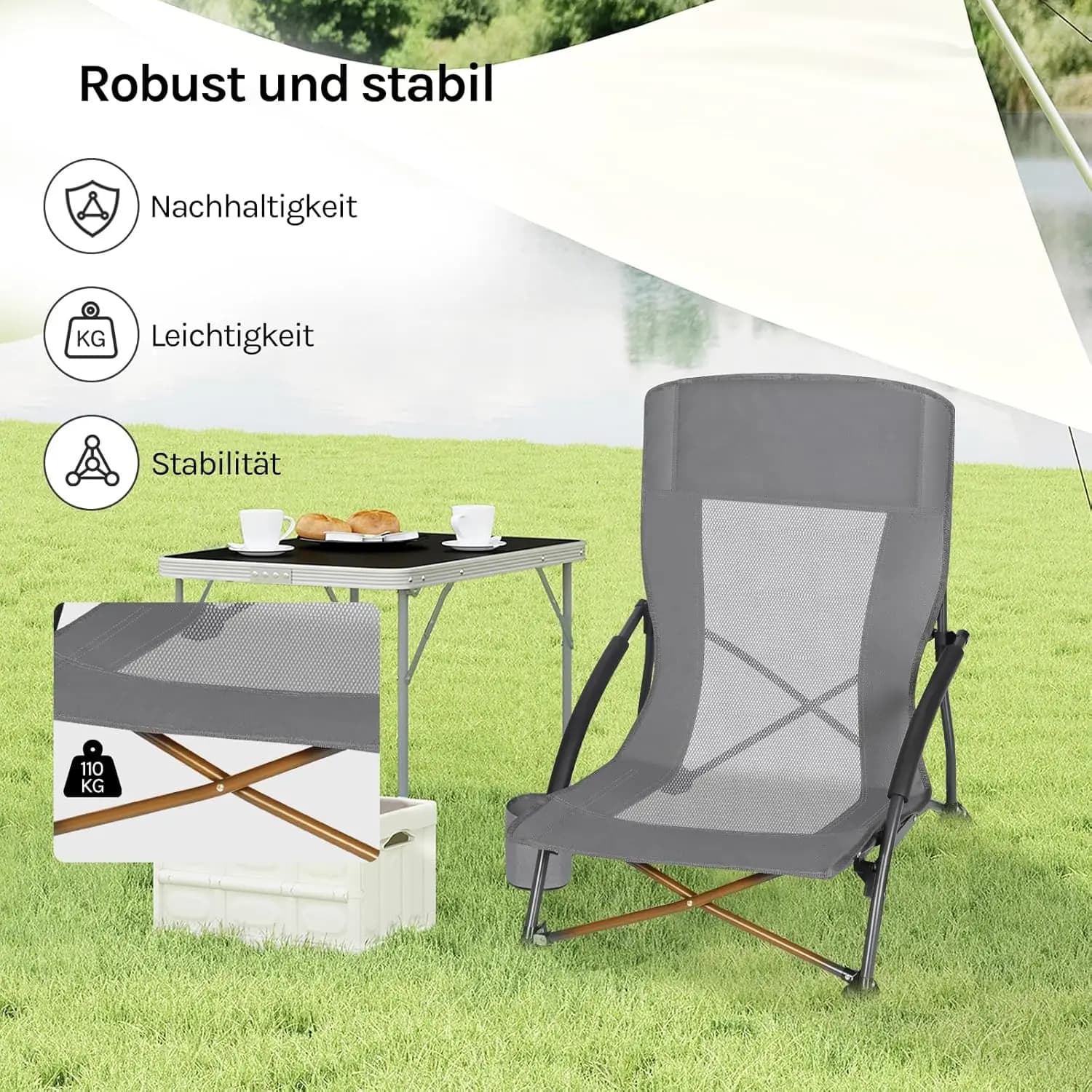 Chaise pliante pêche WOLTU avec accoudoirs et porte-gobelet - Siège pliant plage camping gris foncé