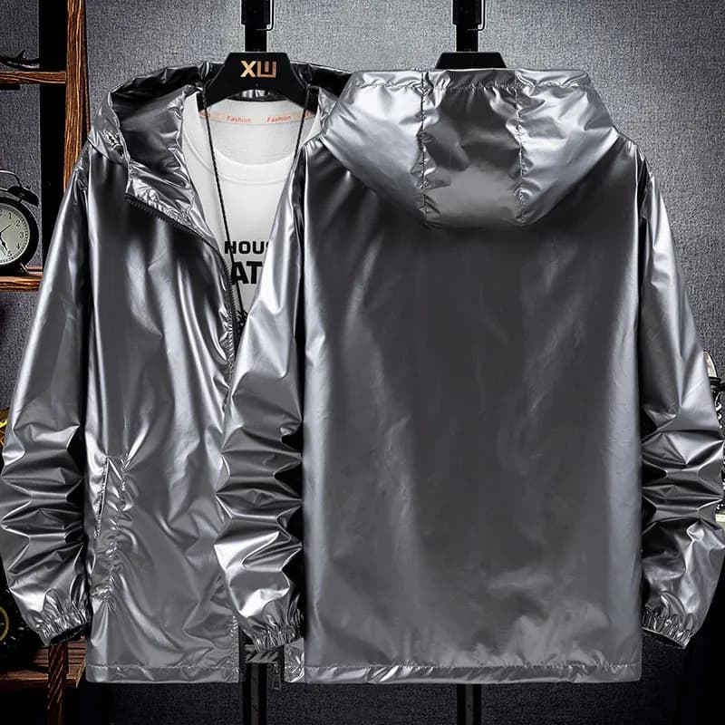 Veste bomber argentée brillante homme waterproof - Veste légère automne Harajuku coupe-vent à capuche