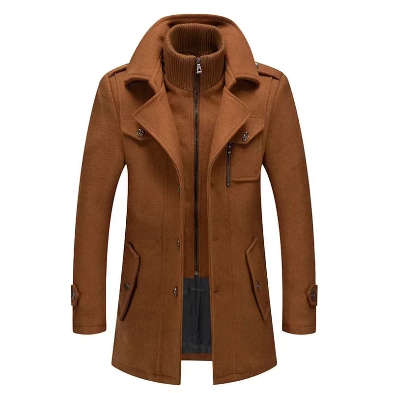 Manteau trench homme laine mi-long double col - Veste coupe-vent automne hiver pour pêcheur