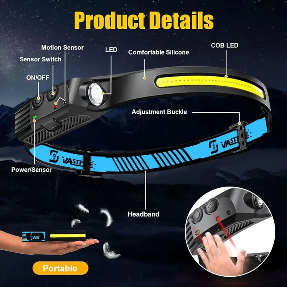 Lampe frontale LED rechargeable USB pour pêche nocturne avec capteur de mouvement et batterie intégrée