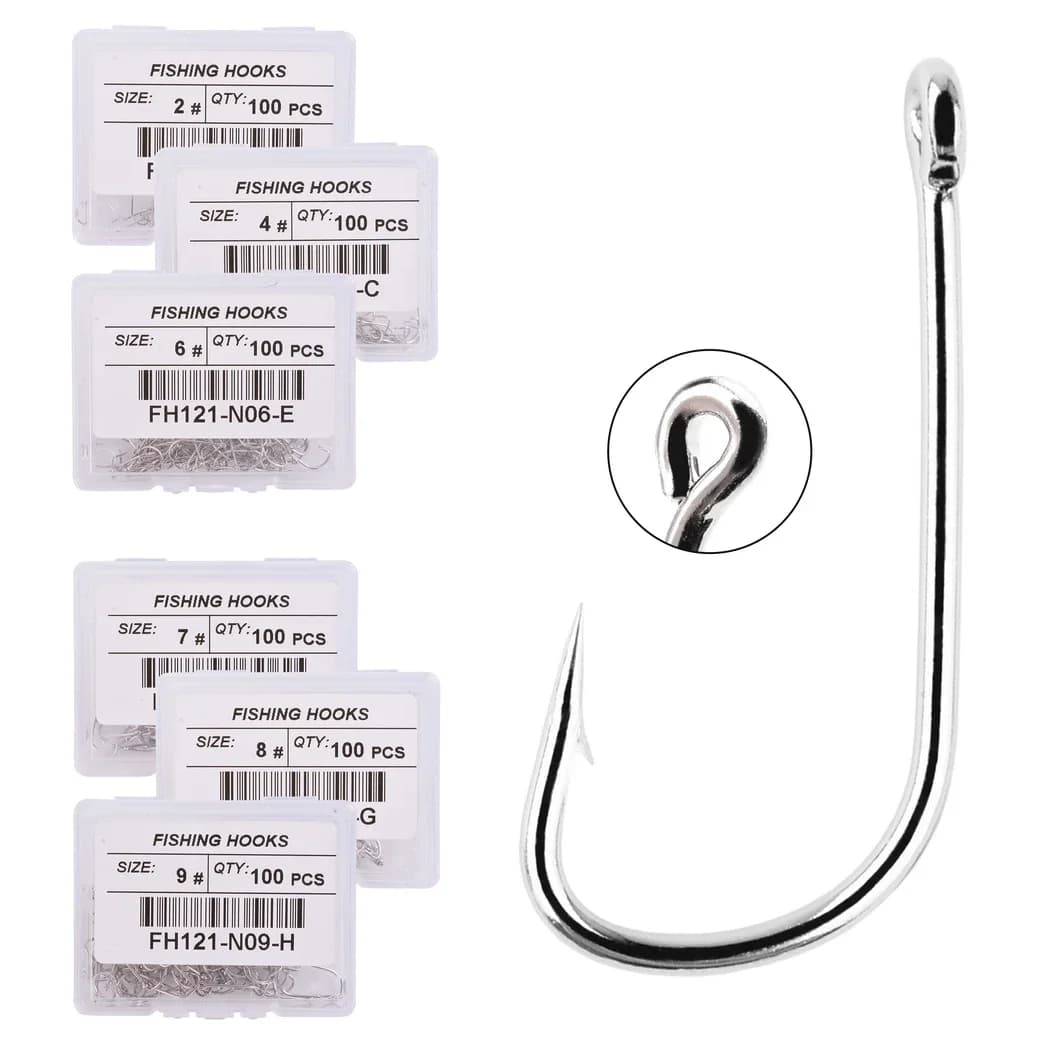 100 hameçons de pêche mer extra longs en acier inoxydable blanc avec œillet pour boîte de pêche