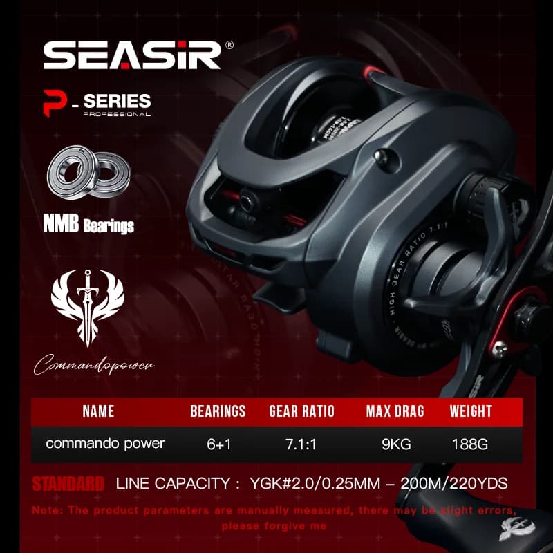 Moulinet baitcaster Seasir Commando Power ratio 7.1:1 - Frein 9kg nouvelle génération pour mer et eau douce