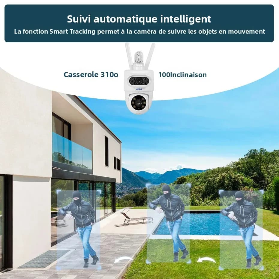 Caméra de sécurité extérieure KERUI 10MP 5K HD WiFi détection humaine PTZ avec double objectif