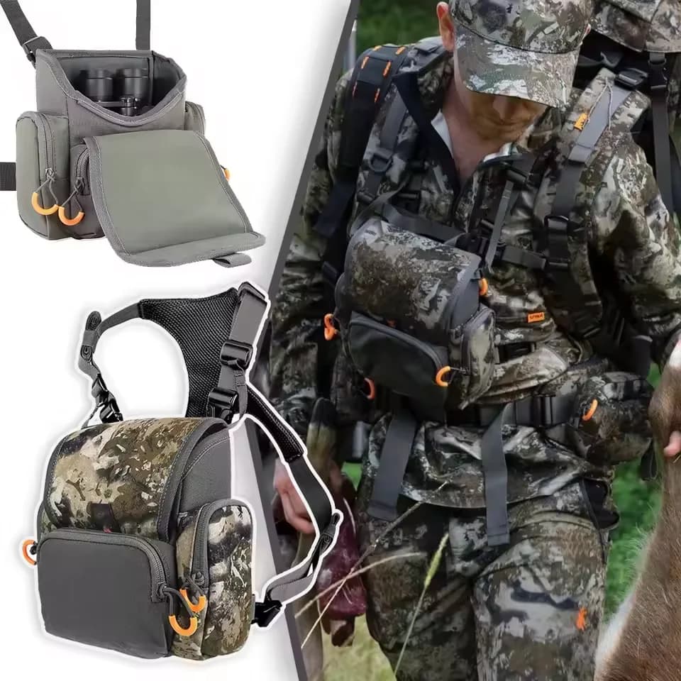 Harnais jumelles pêche camouflage - Étui poitrine réglable avec protection pluie