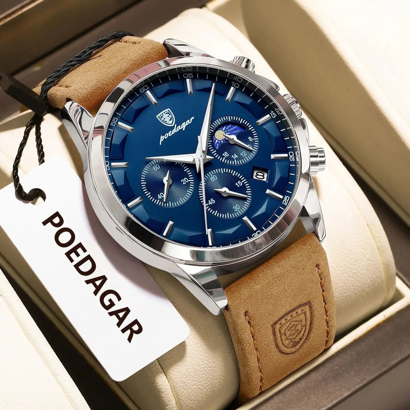 Montre homme luxe étanche chronographe militaire sport pêche avec cadran lumineux et bracelet cuir