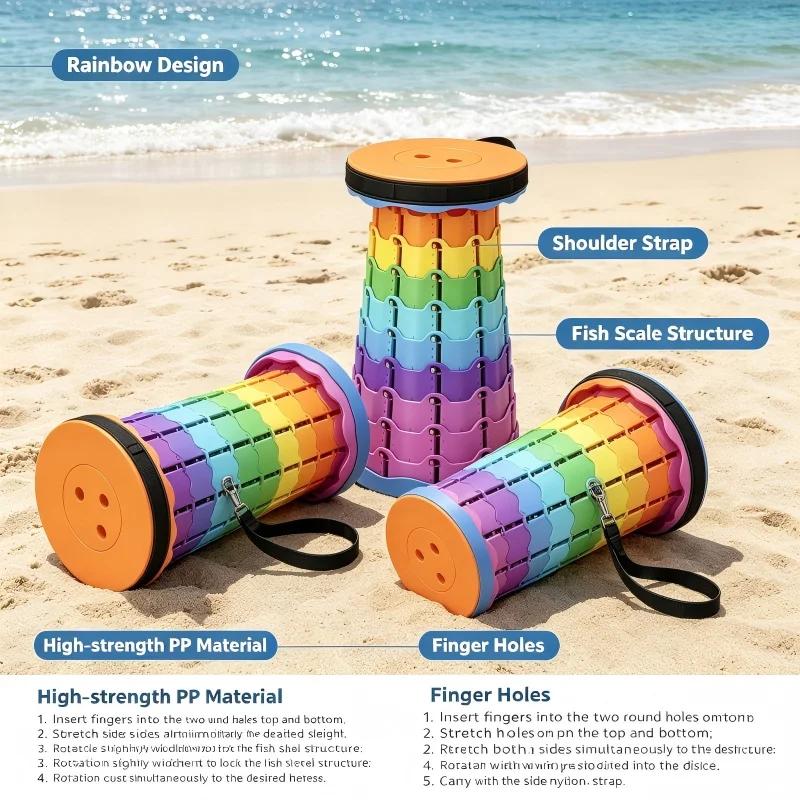 Tabouret pliant télescopique réglable pêche voyage - Siège de rangement plastique arc-en-ciel extérieur