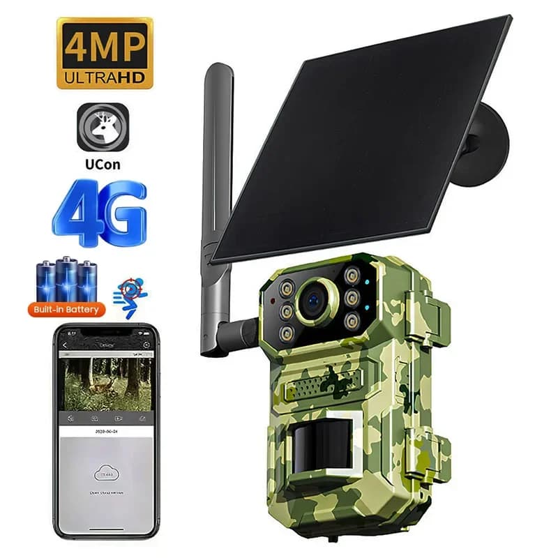 Caméra de chasse solaire 4MP 4G avec SIM - Détection PIR batterie piège photo vision nocturne IR CCTV extérieur