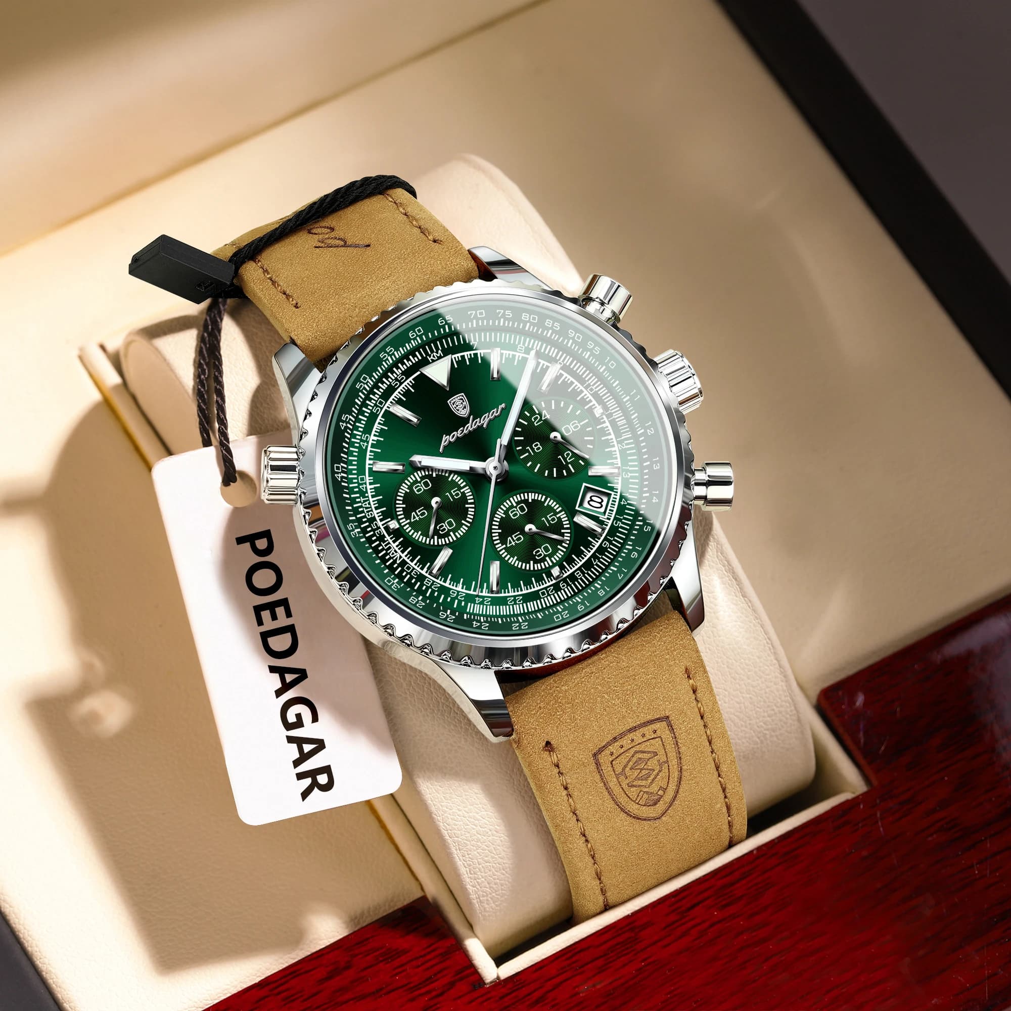 Montre homme luxe POEDAGAR étanche chronographe date lumineuse cuir quartz affaires élégant