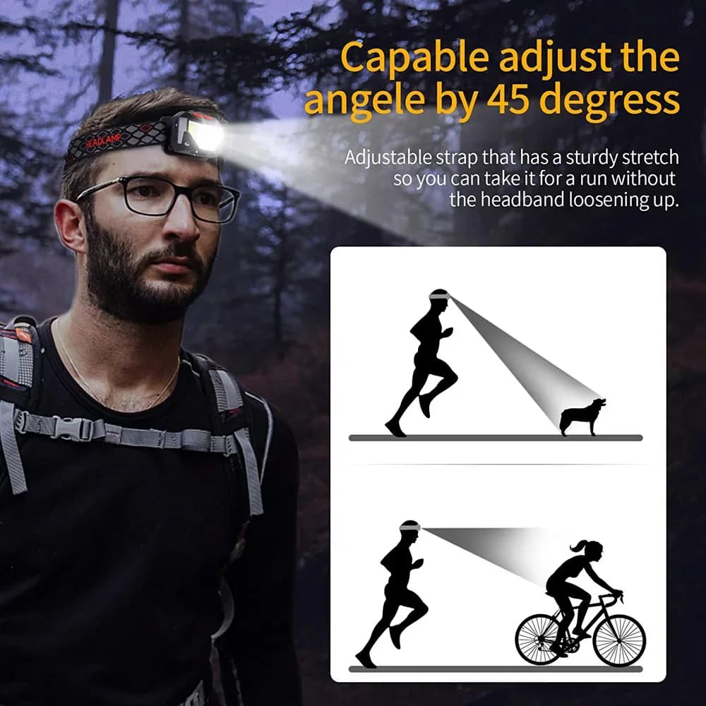 Lampe frontale LED détecteur de mouvement 6 modes - Frontale pêche rechargeable USB étanche XPE+COB