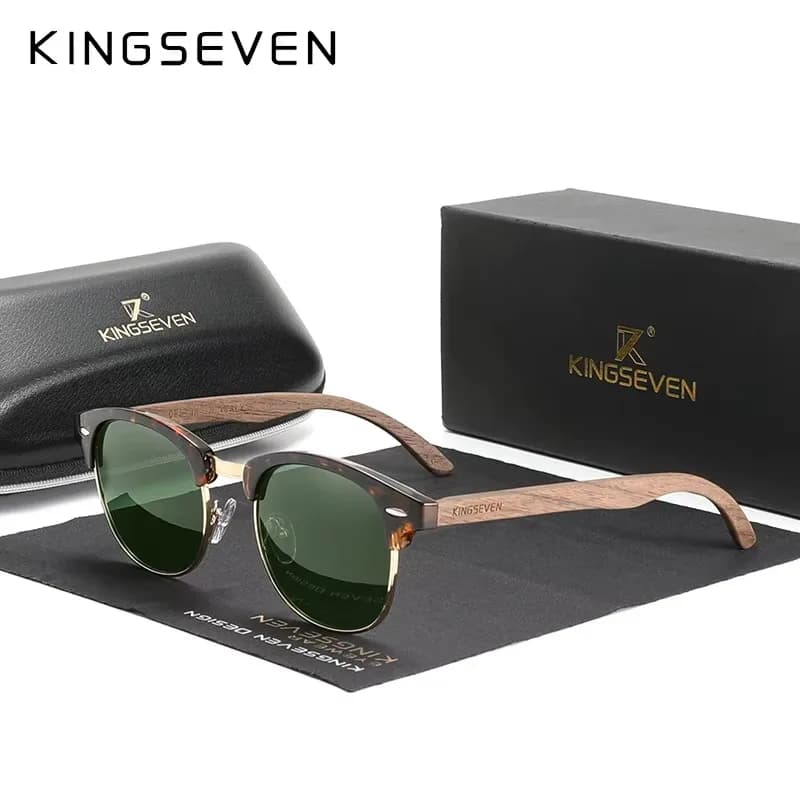 Lunettes de soleil bois noyer KINGSEVEN polarisées - Monture ronde pêche vintage luxe