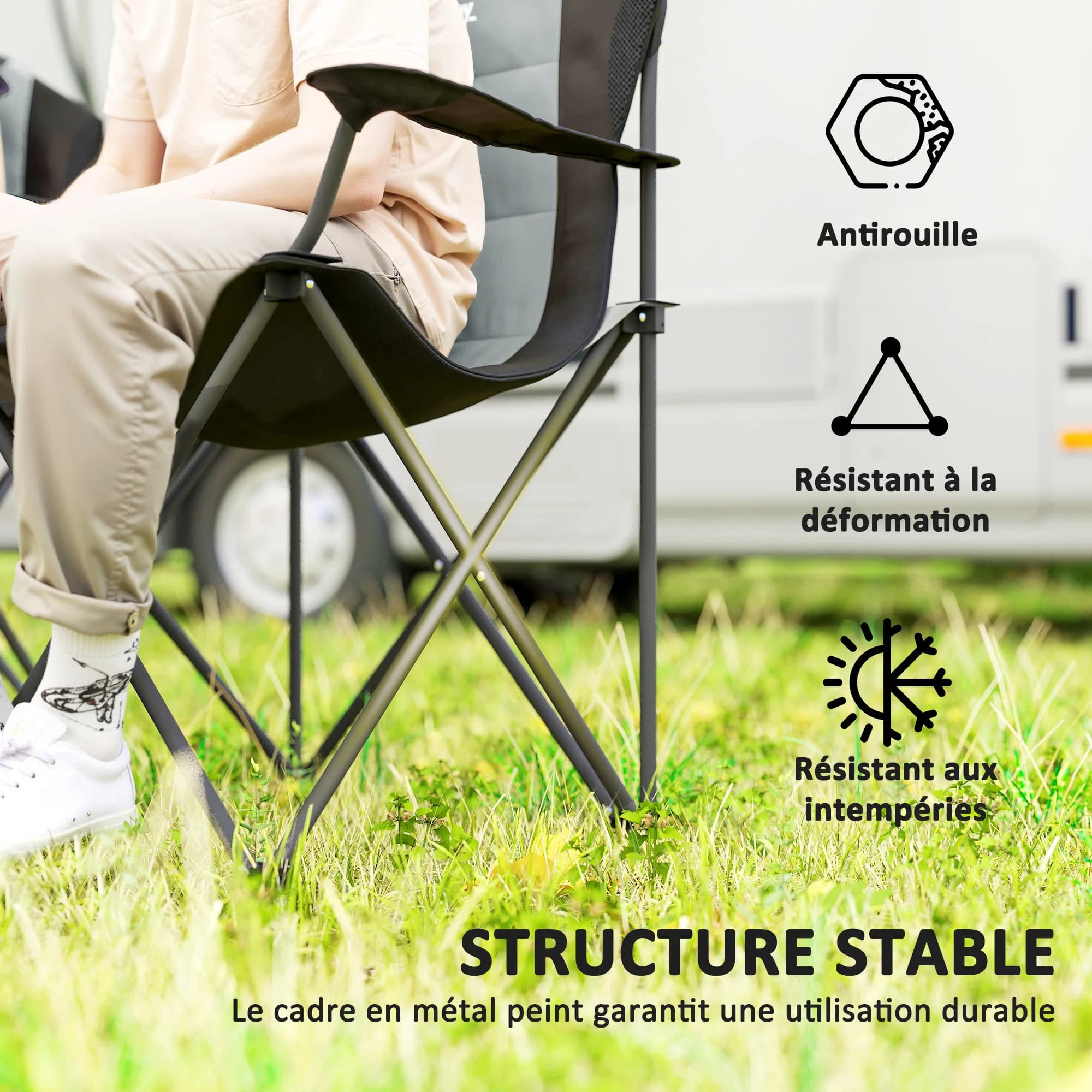 Set 2 chaises camping pliantes rembourrées - Sièges pêche avec porte-gobelet, charge 120kg